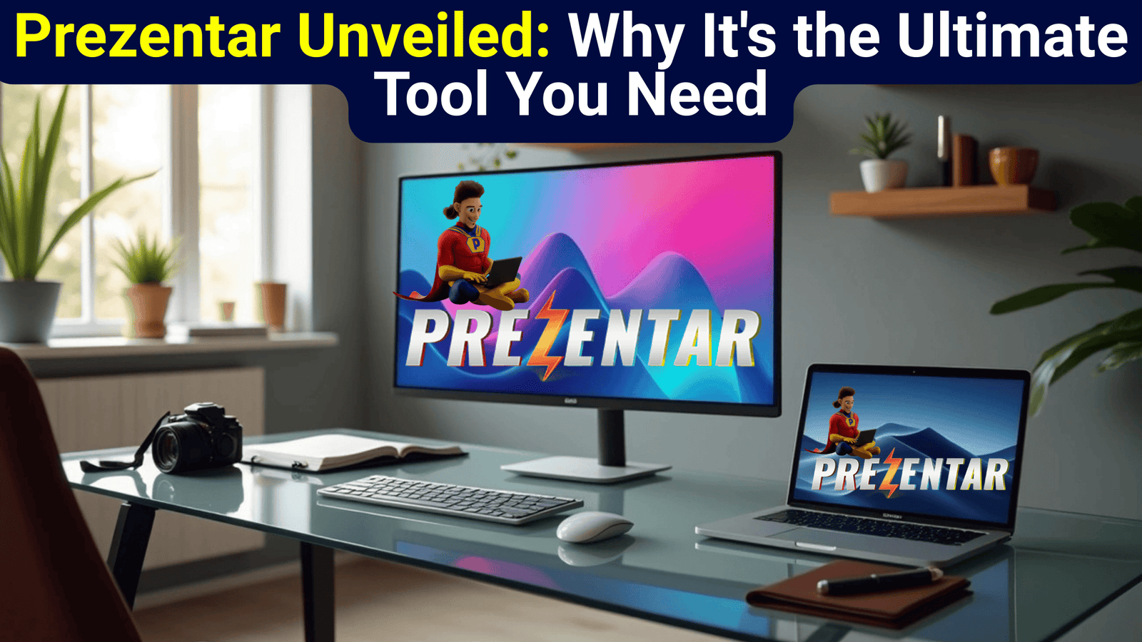 A modern desk setup features a large desktop monitor and a laptop, both displaying the "PREZENTAR" logo with a cartoon superhero character sitting cross-legged and working. The monitor shows a vibrant, abstract
