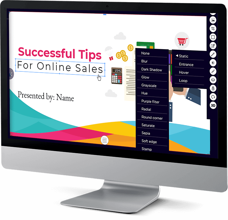 CUSTOMIZE-IT-Boost-Your-Online-Sales-A-Design-Guide "A computer screen displaying a presentation slide with the title 'Successful Tips for Online Sales.' The slide includes a calculator, a shopping cart, and a list of design effects like blur, glow, and radial."