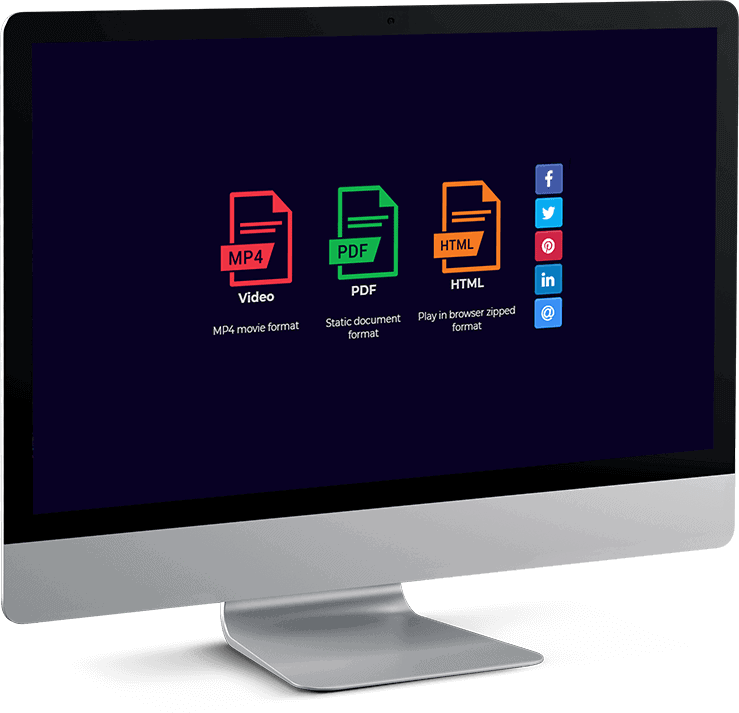 DOWNLOAD-&-SHARE-Choose-the-Right-Format-for-Your-Content A computer monitor displaying three file icons representing MP4, PDF, and HTML formats, along with their descriptions.