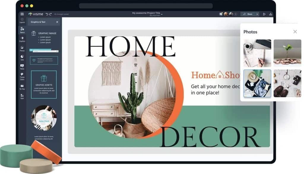 A screenshot of the Visme design interface. The main canvas displays a design for "HOME DECOR" with images of furniture, plants, and bohemian-style decorations. A sidebar on the left provides various design elements and tools, including graphics, photos, data visualization options, media, and theme colors. A "Photos" panel is open on the right, showing a selection of stock photos related to lifestyle and home decor.