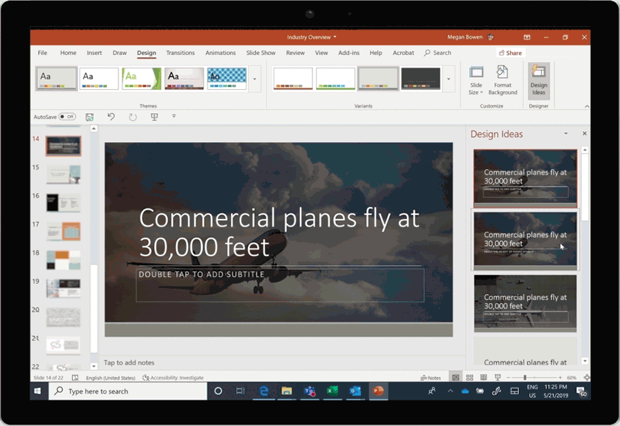 A screenshot of Microsoft PowerPoint on a tablet, displaying a slide titled "Commercial planes fly at 30,000 feet" with an image of a passenger airplane against a cloudy sky. The "Design Ideas" pane is open on the right, offering various layout suggestions for the current slide. The PowerPoint ribbon at the top shows different tabs, with "Design" currently selected, highlighting themes and variants. A thumbnail view of other slides in the presentation is visible on the left.