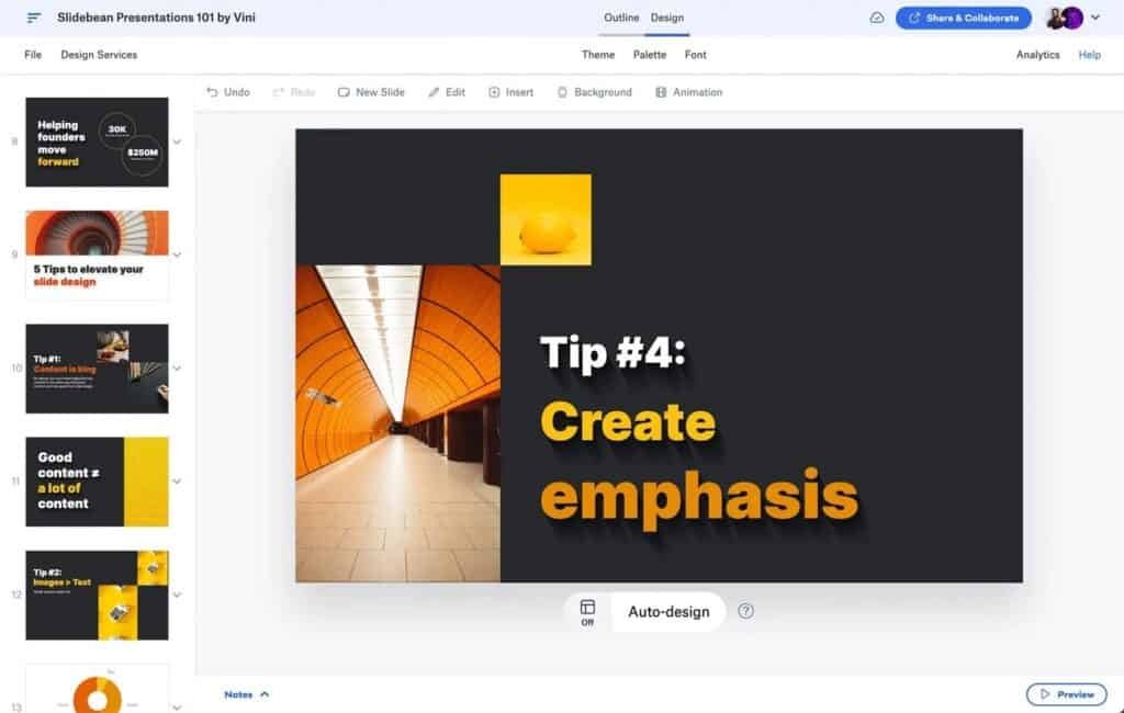 A screenshot of the Slidebean presentation software interface. The main area displays a slide titled "Tip #4: Create emphasis" in large, bold, yellow and white text against a dark gray background. To the left of the text are two images: a close-up of a lemon and a perspective view of a modern, orange-toned subway station. A slide navigator on the left shows thumbnails of other slides in the "Slidebean Presentations 101 by Vini" presentation. The top toolbar offers options for "Outline" and "Design," with "Design" currently selected, providing further customization options like "Theme," "Palette," "Font," "Background," and "Animation."