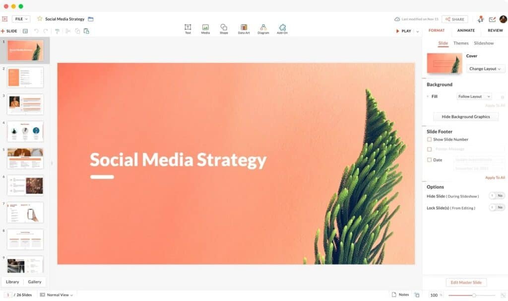 A screenshot of Zoho Show's presentation editing interface. The main slide displays the title "Social Media Strategy" in a white sans-serif font on a gradient peach background, with a stylized green plant graphic on the right side. A toolbar at the top offers options for adding text, media, shapes, charts, diagrams, and add-ons. A slide navigator on the left shows thumbnails of other slides in the "Social Media Strategy" presentation. On the right sidebar, the "Format" tab is open, showing options for slide background, slide footer, and other settings.