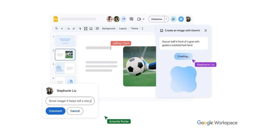 A screenshot of the Google Slides interface, showing the main presentation area, toolbar, and slide navigation pane.