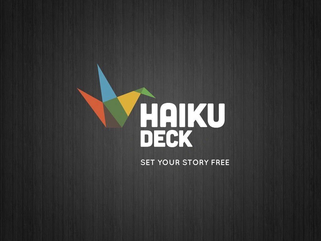 The Haiku Deck logo is displayed against a dark, textured background resembling wood grain. The logo features a stylized origami crane constructed from overlapping geometric shapes in various colors: teal, blue, yellow, green, orange, and red. To the right of the crane is the text "HAIKU" stacked above "DECK" in a clean, sans-serif white font. Below "DECK" is the tagline "SET YOUR STORY FREE" in a smaller, lighter white font.