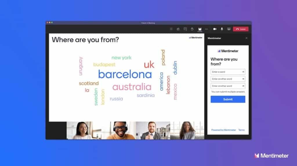 A screenshot of a Microsoft Teams meeting with a Mentimeter poll embedded. The poll question is "Where are you from?" displayed above a word cloud dynamically generated from participant responses. The word "barcelona" is the largest and centrally located, indicating it has been entered most frequently. Other locations like "australia," "uk," "new york," "budapest," "dublin," and "scotland" appear in varying sizes and colors, reflecting their frequency of submission. Below the word cloud, video feeds of four meeting participants are visible. On the right side, the Mentimeter sidebar shows the same question with input fields for participants to enter up to three responses and a "Submit" button.