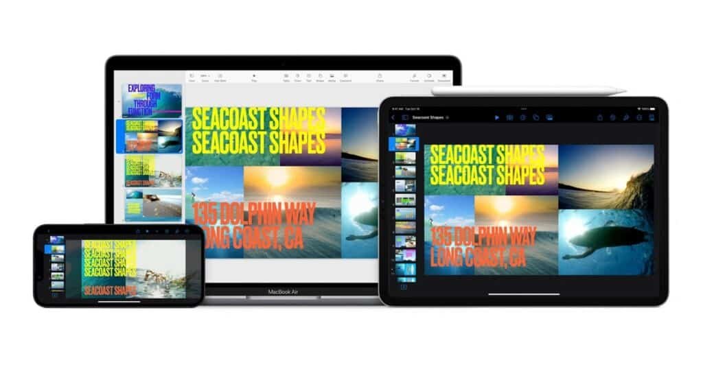 Three Apple devices – an iPhone, a MacBook Air, and an iPad Pro with an Apple Pencil – display the Keynote presentation software. Each device shows the same slide titled "SEACOAST SHAPES" with a colorful, multi-image background and the text "135 DOLPHIN WAY LONG BEACH, CA" overlaid. The Keynote interface is visible on each screen, with a slide navigator on the left.