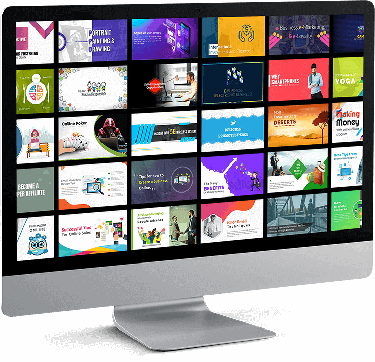 PICK-A-TEMPLATE-A-Visual-Library-of-Business-Ideas A computer monitor showing a grid of presentation slides with titles like 'Online Poker,' 'Successful Tips for Online Sales,' and 'Killer Email Techniques.