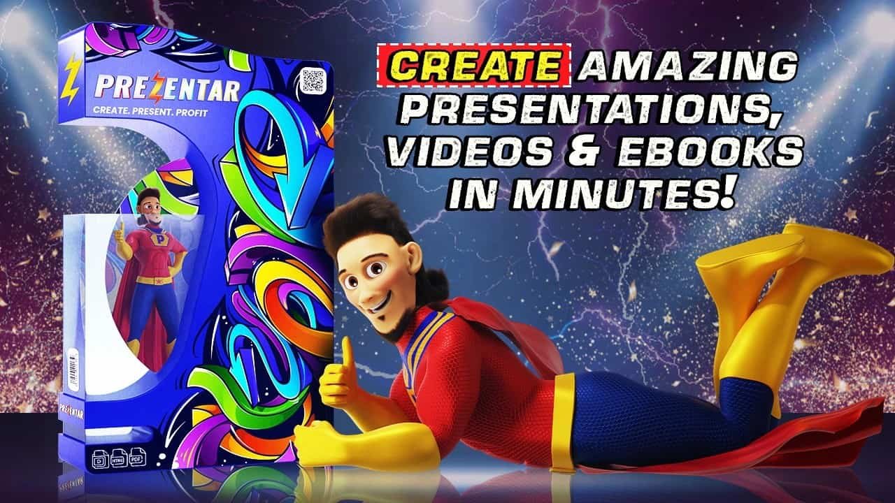 A promotional image for Prezentar, featuring a cartoon character giving a thumbs-up next to a box with the Prezentar logo. The text "CREATE AMAZING PRESENTATIONS, VIDEOS & EBOOKS IN MINUTES!" is prominently displayed