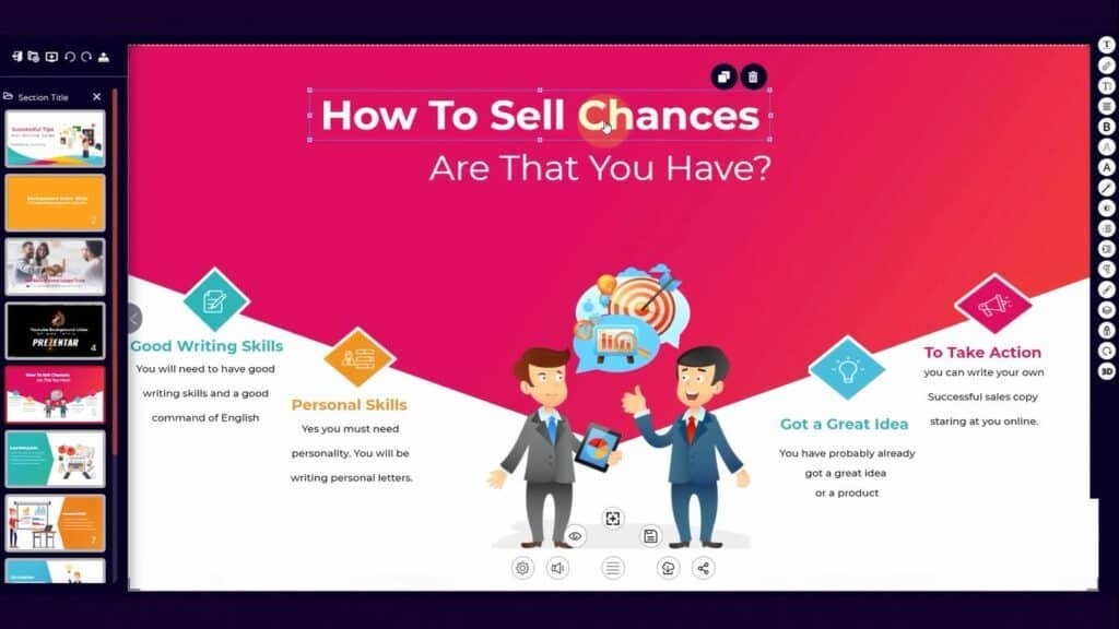 How-to-Sell-Chances A presentation slide with three key elements for success in sales: Good Writing Skills, Personal Skills, and To Take Action.