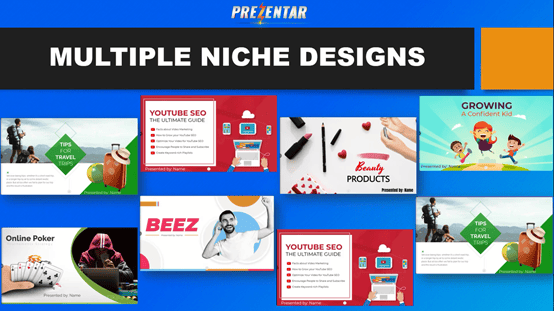 Multiple-Niche-Designs A collage of presentation slides showcasing a variety of design styles and themes, including "Tips for Travel," "Beauty Products," "Growing a Confident Kid," "Online Poker," and "YouTube SEO." The text "Multiple Niche Designs" is prominently displayed at the top.
