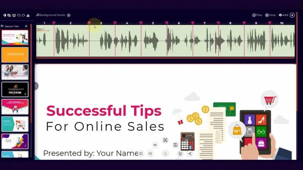 A screenshot of a presentation software with audio editing features. The image shows a presentation slide titled "Successful Tips for Online Sales." Below the slide is an audio waveform with playback controls, indicating that audio can be added and edited directly within the software.
