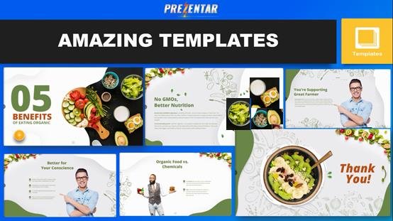 Prezentar Amazing Templates featuring organic food presentation slides, including topics like the benefits of eating organic, GMOs vs. better nutrition, and supporting farmers.