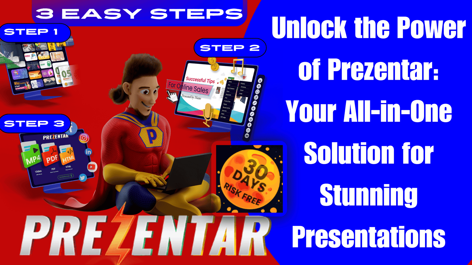 "Prezentar software promotional image featuring a superhero character typing on a laptop, highlighting '3 Easy Steps' for creating presentations, and a 30-day risk-free guarantee."