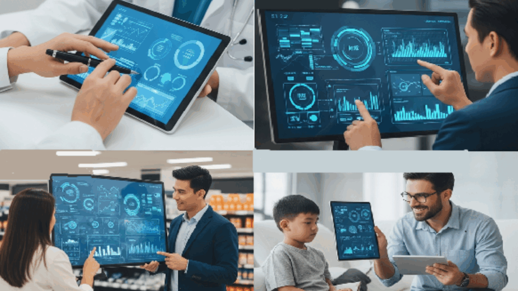 AI Diversification Across Industries. The image shows four quadrants, each depicting AI applications in different sectors. The top-left quadrant shows a doctor using a tablet, representing AI's role in healthcare. The top-right quadrant illustrates a financial analyst examining data, symbolizing AI in finance. The bottom-left quadrant shows a retail setting, highlighting AI's use in retail. The bottom-right quadrant depicts a teacher and a male student using a tablet, showing AI in education.