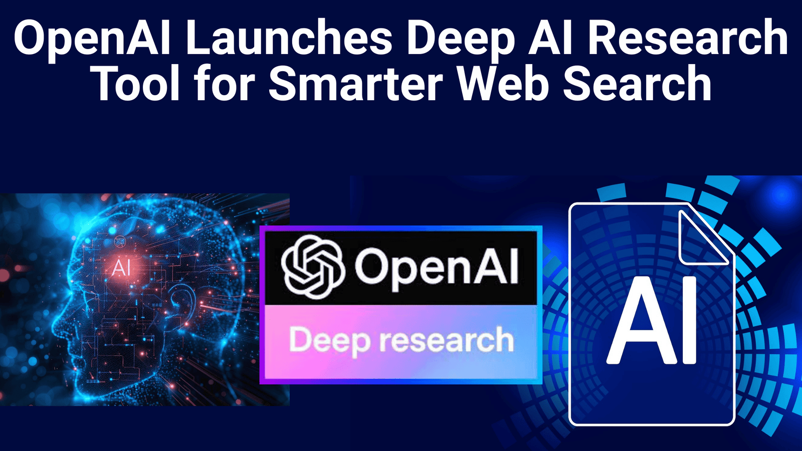 A graphic with the title "Revolutionizing Knowledge Work: OpenAI’s Deep Research and the Future of AI Agents." The image features the OpenAI logo with "Deep Research" underneath it. To the left is an icon with the letters "AI" on a document background, and to the right is a glowing, abstract depiction of a human head with neural connections, representing AI.