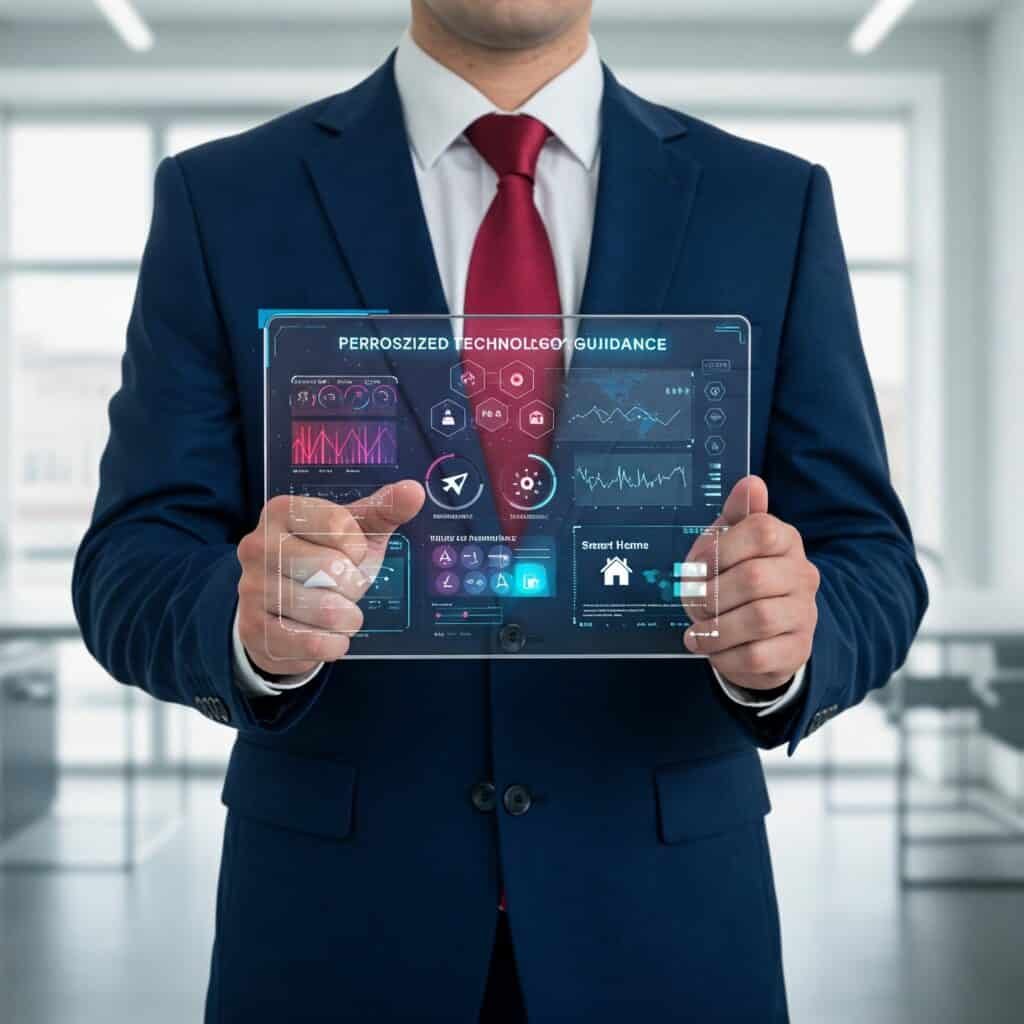 A businessman in a sharp blue suit and red tie holds a transparent, futuristic tablet displaying a vibrant and dynamic interface titled "Personalized Technology Guidance." The interface shows various data points, including charts, icons representing smart home controls, travel, and other personalized information, all rendered with soft gradients and a modern aesthetic.