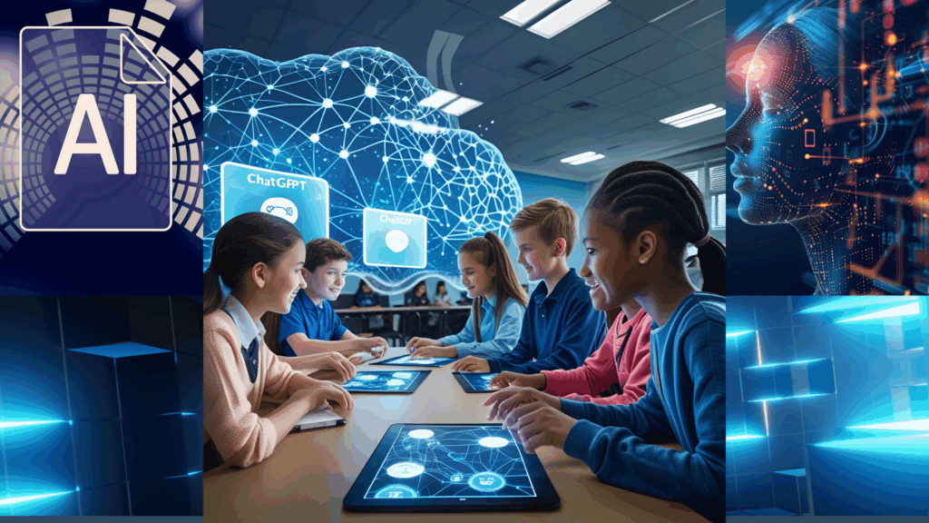 A composite image depicting a futuristic classroom where diverse students interact with digital tablets. Above them, a glowing, networked brain-like cloud features text bubbles resembling ChatGPT and Gemini. On the far left, an AI icon on a document, and on the far right, a glowing digital human/robot head symbolize artificial intelligence.