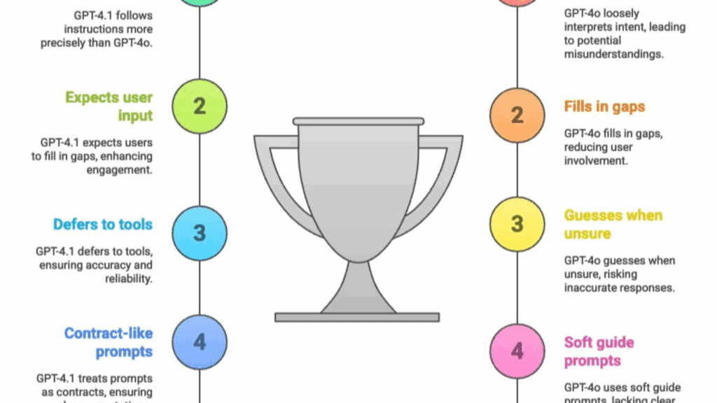 A diagram comparing GPT-4.1 and GPT-4o characteristics, with a silver trophy at the center. On the left, GPT-4.1 is described as following instructions precisely, expecting user input, deferring to tools, and using "contract-like prompts." On the right, GPT-4o is described as loosely interpreting intent, filling in gaps, guessing when unsure, and using "soft guide prompts.."