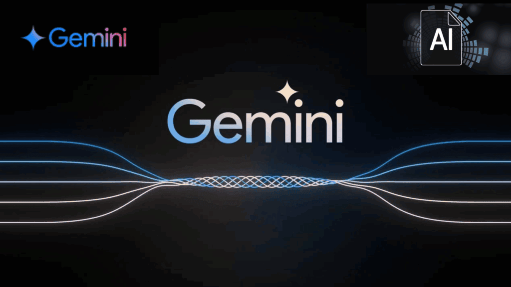 A dark, futuristic graphic featuring a large "Gemini" logo in the center with a glowing star on the 'i', flanked by a smaller "Gemini" logo with a star icon on the top-left and an "AI" icon on the top-right. Wavy, glowing blue and pink lines flow beneath the central "Gemini" text, suggesting data or energy.