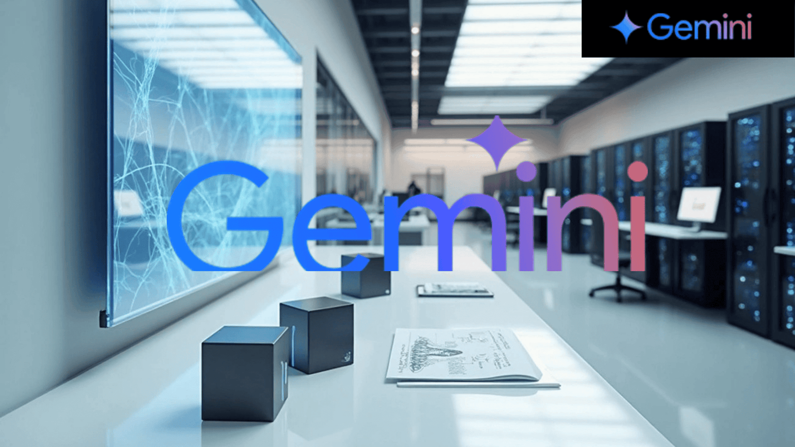 Modern tech lab featuring Gemini AI branding, digital neural interface display, and sleek server racks in the background.