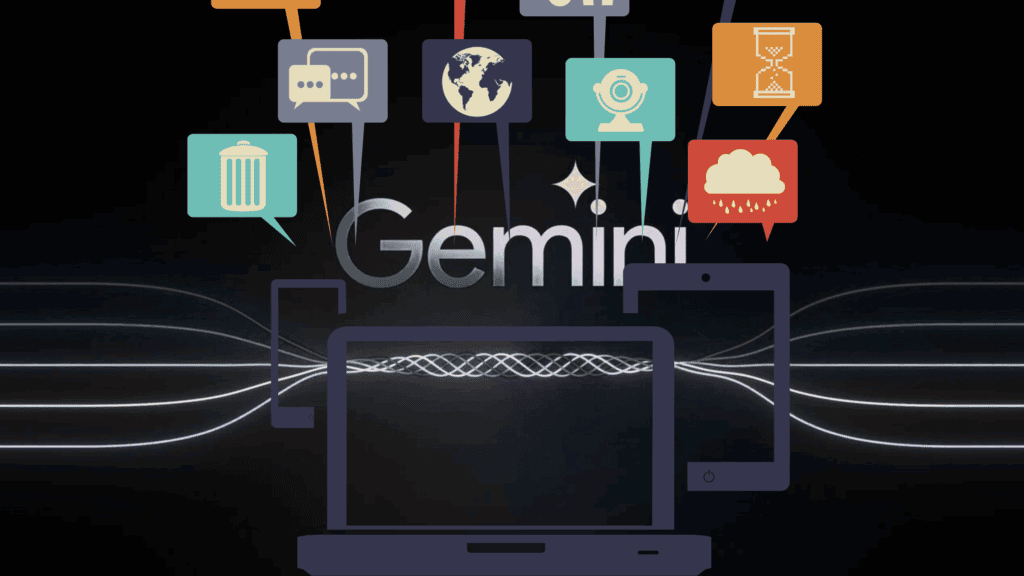 A digital graphic featuring the word "Gemini" surrounded by various icons representing communication, global data, visual processing, time, data management, and cloud services, with a laptop and tablet below connected by glowing lines.