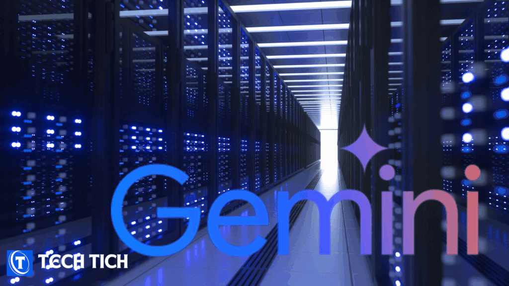 A server room with rows of glowing blue server racks, featuring the large, illuminated "Gemini" logo in the foreground and a "T Tech Tich" watermark in the bottom-left corner.