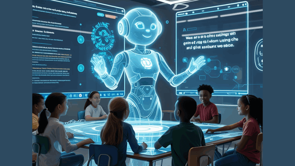 A group of diverse students seated around a glowing, interactive table in a futuristic classroom, engaging with a large, translucent holographic AI robot that is projected in the center. Large digital screens display data and text in the background.
