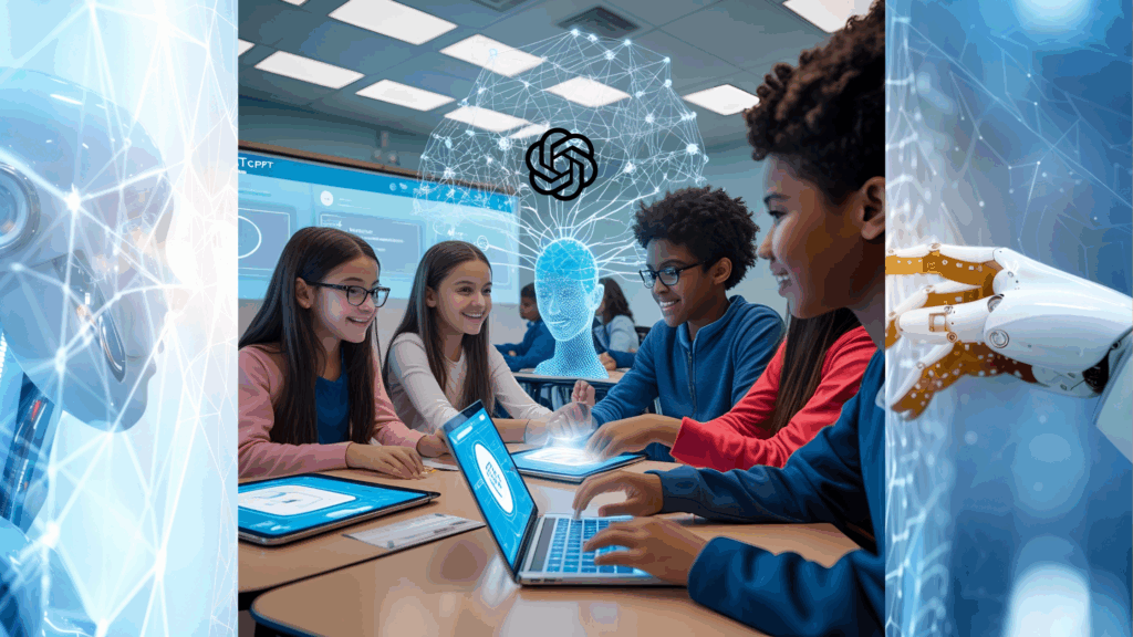 A composite image showing a futuristic classroom where diverse students interact with digital tablets and laptops, overseen by a holographic brain-like AI network with the ChatGPT logo. Portions of an AI robot are visible on the left and a robot hand on the right.