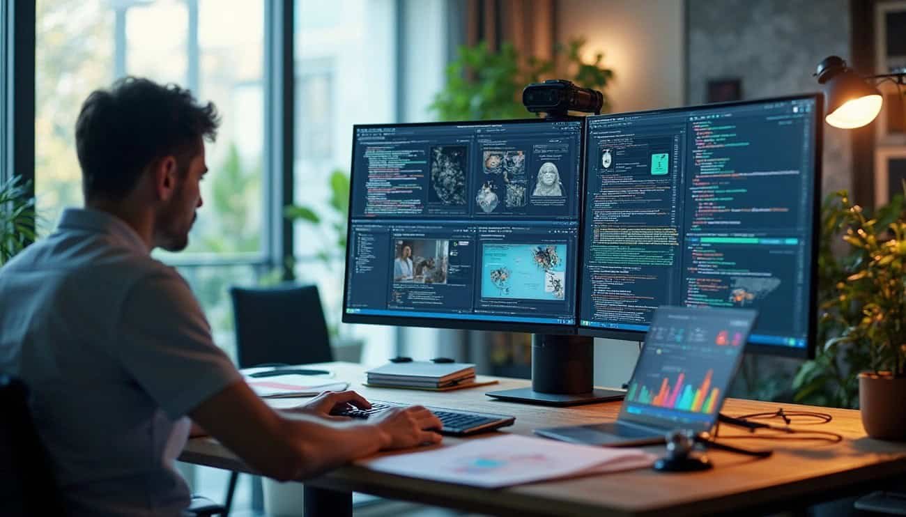 A man from behind, sitting at a desk, intensely focused on multiple large computer monitors displaying lines of code and data, with a laptop open beside him in a modern office setting.