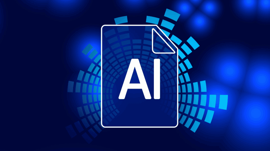 A white outlined document icon with "AI" prominently displayed inside, set against a dynamic blue background with abstract, interconnected square patterns, symbolizing AI data or documentation.