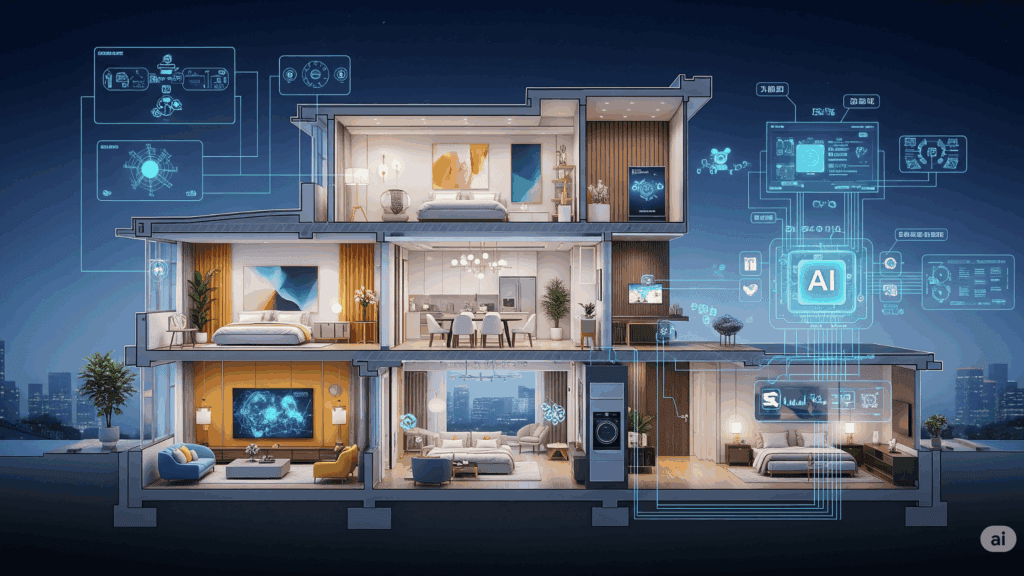 A detailed cross-section illustration of a multi-story smart home, showcasing AI integration through technical schematics, connected devices, and modern architecture with vibrant interior designs.
