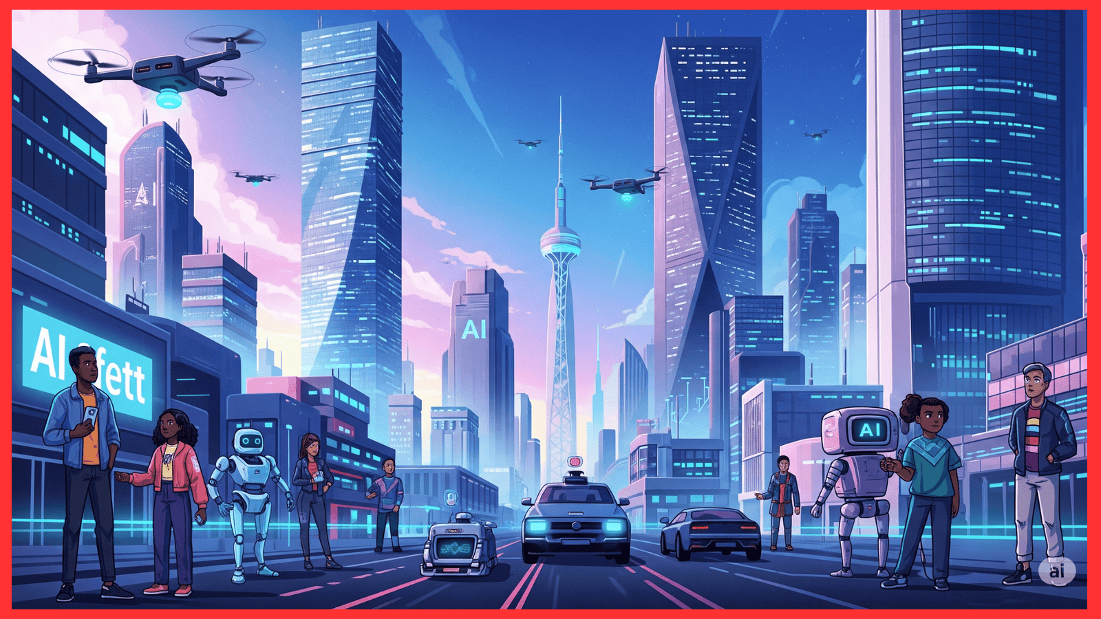 A vibrant, futuristic cityscape with tall skyscrapers, flying drones, autonomous vehicles, and diverse people interacting with friendly robots.