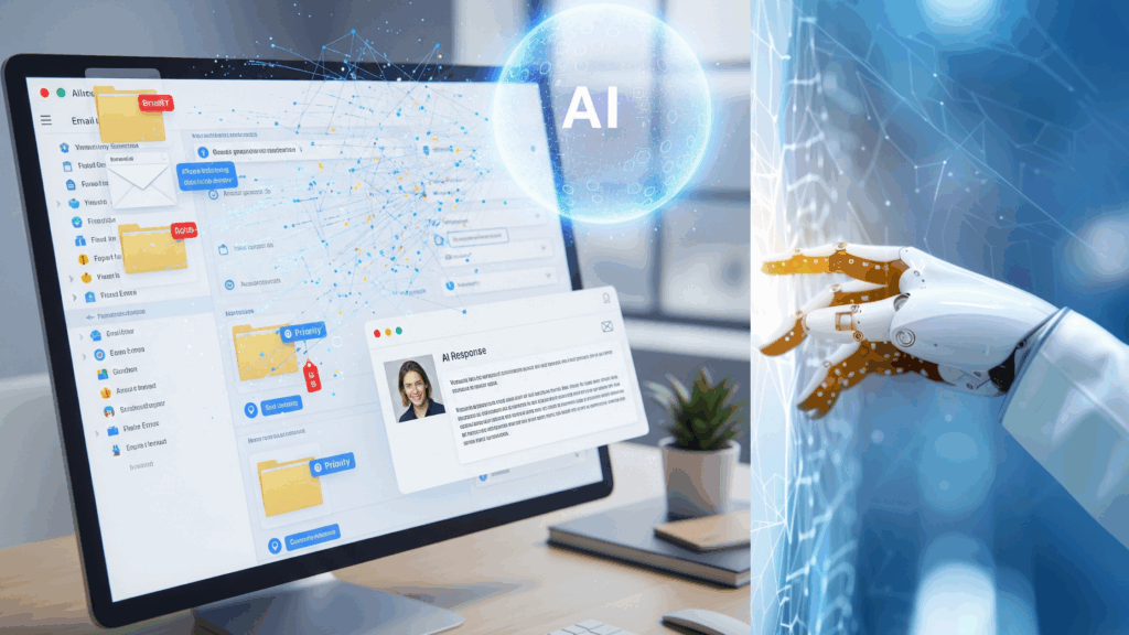 A desk with a computer monitor displaying an AI-powered email client and an AI response pop-up, alongside a robotic hand interacting with a holographic data display, signifying AI in the workplace.