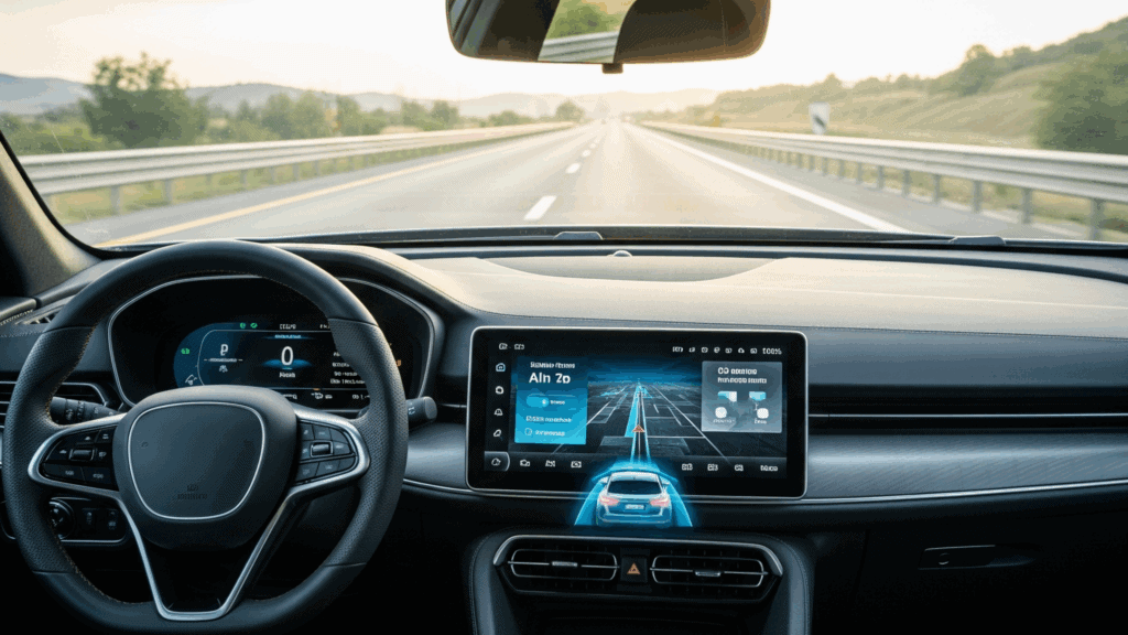 The interior view from the driver's perspective of a self-driving car, with a digital dashboard displaying an AI-powered navigation app guiding the vehicle down a highway.