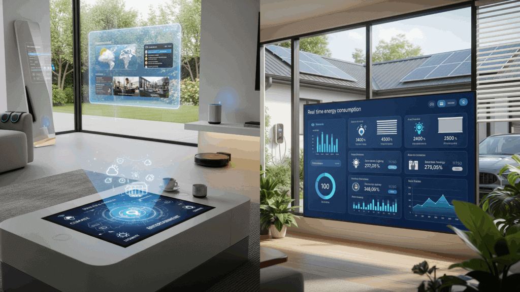 A modern living room with a large screen displaying real-time energy consumption data, showing significant energy savings. Outside the window, solar panels are on a roof and an electric vehicle is charging, symbolizing a sustainable smart home.