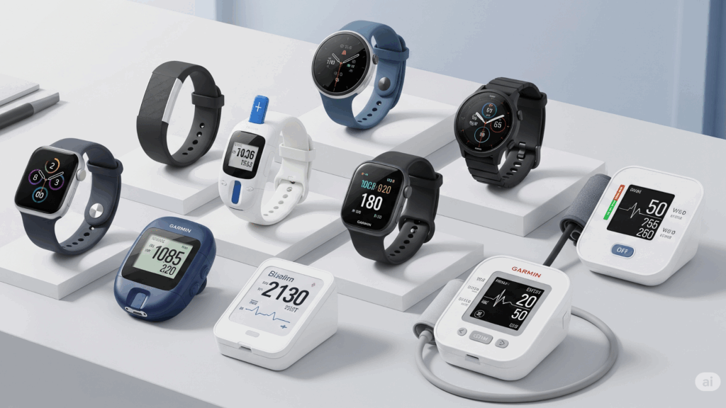 A collection of various modern wearable medical devices, including smartwatches (Apple Watch, Fitbit, Garmin), continuous glucose monitors, and blood pressure monitors, neatly arranged on a white surface.