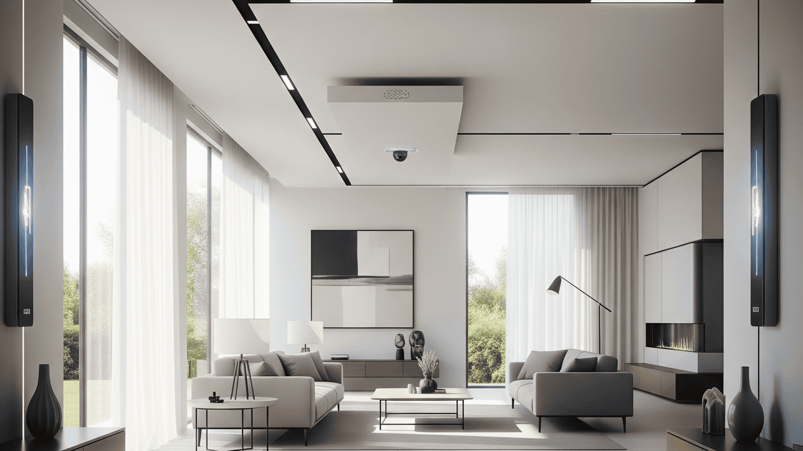 A bright, modern living room with a minimalist design, featuring integrated smart home security cameras in the ceiling, sleek wall-mounted control panels, and linear lighting, conveying an advanced and secure living environment.