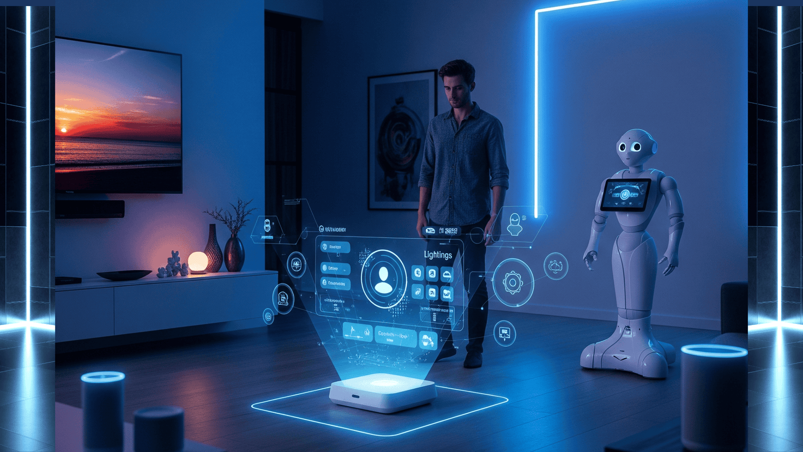 A man interacts with a holographic interface projected from a smart device on the floor in a modern smart home, alongside a humanoid robot, controlling various features like lighting, all under blue ambient illumination.