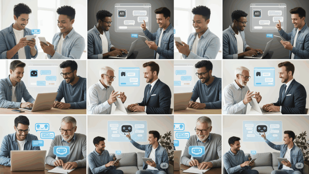 A grid of images showing diverse male customers of different ages and ethnicities happily interacting with AI chatbots on smartphones, laptops, and tablets for customer support.