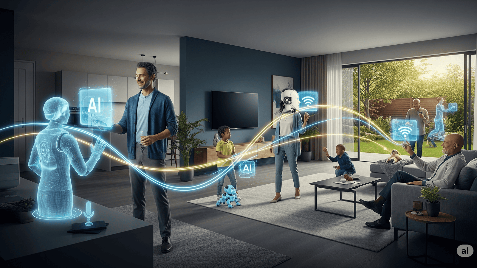 A modern, elegant smart home interior with multiple people of different ages interacting with glowing holographic AI assistants and connected devices.