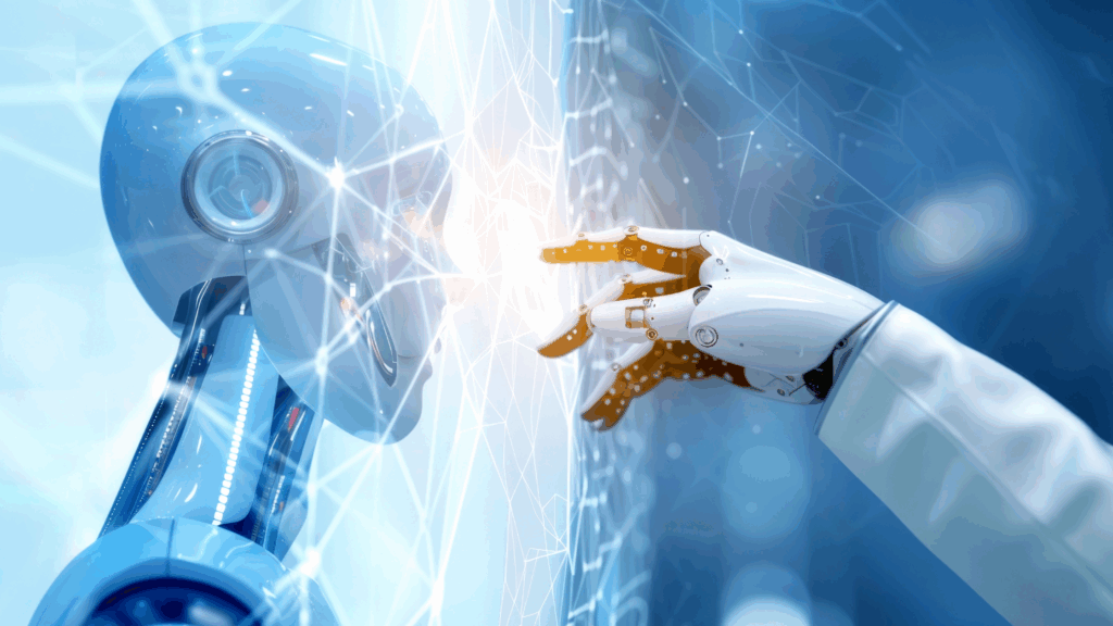 A side profile of a blue humanoid robot head facing a white robotic hand with orange accents, both reaching towards a glowing digital network.