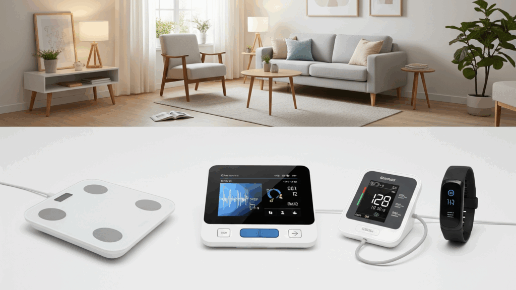 A split image showing a comfortable, modern living room on top, and a collection of smart health devices including a smart scale, a health monitor, a blood pressure cuff, and a fitness tracker on the bottom, illustrating integrated home healthcare.