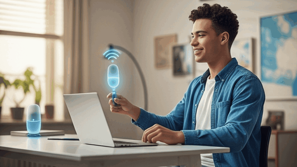 A young man smiling as he interacts with a holographic microphone icon, representing an AI voice assistant, while working on a laptop in a modern, well-lit room with a smart speaker visible.
