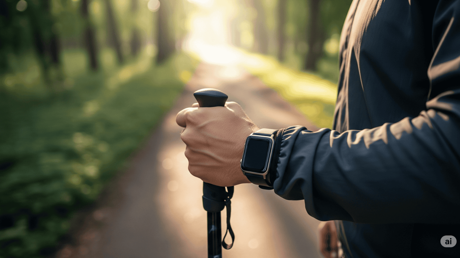 A close-up of a man's hand wearing a dark smartwatch, holding a walking stick, during a morning walk in a park with dappled sunlight.