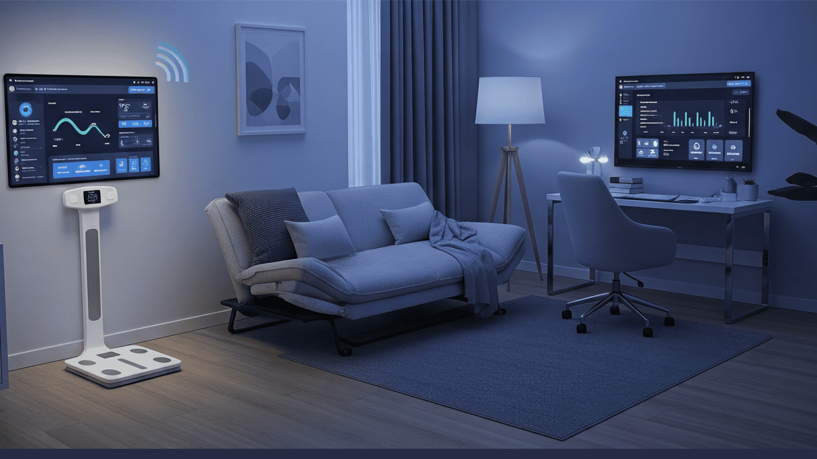 A dimly lit modern room featuring a smart display on the wall showing health data, a smart scale on the floor, and another screen, indicating a connected health monitoring system in a smart home.