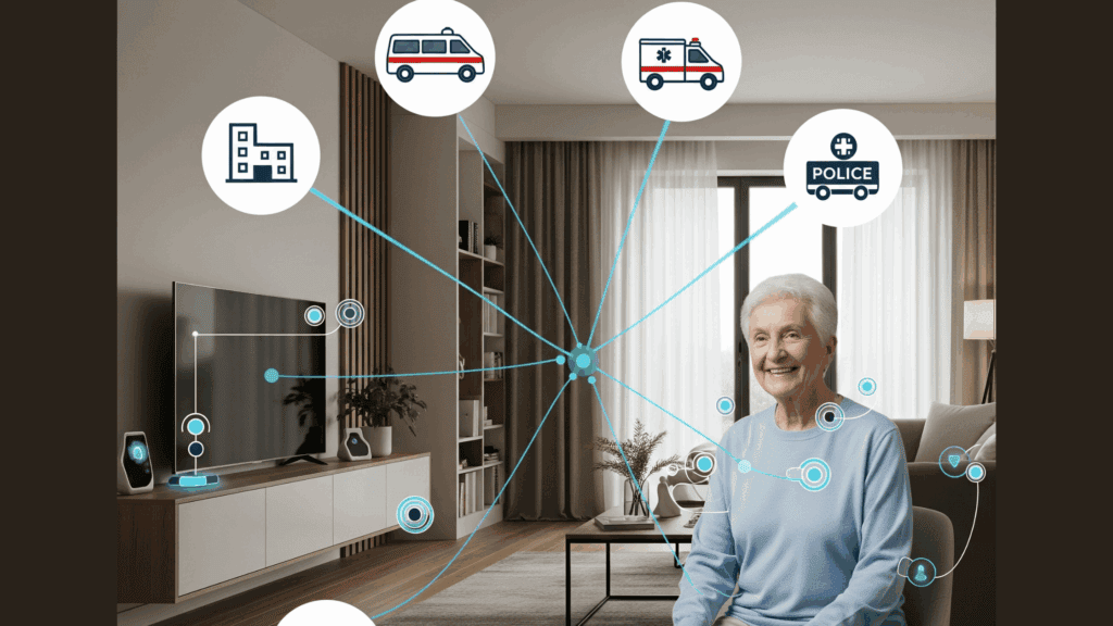 A smiling elderly woman in a modern smart home, with a central glowing hub connecting to icons of an ambulance, hospital, and police, illustrating an integrated healthcare and emergency response system.