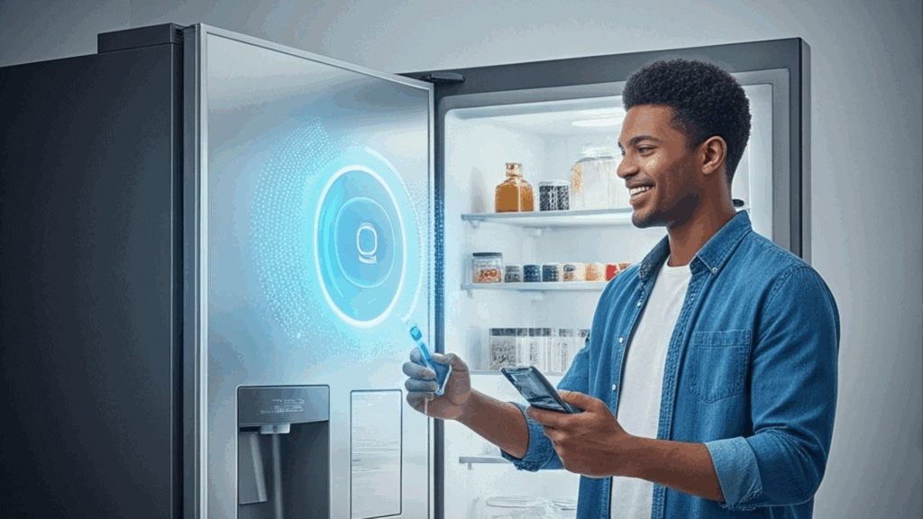 A smiling man interacting with a smart refrigerator that displays a glowing holographic interface, using a smart device and smartphone, in a modern kitchen.