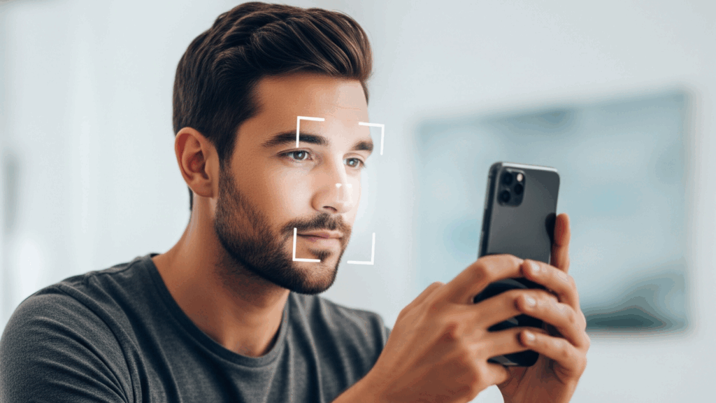 A man with a beard is looking at his smartphone, which displays a white wireframe scanning his face, indicating the use of facial recognition technology for unlocking the device.