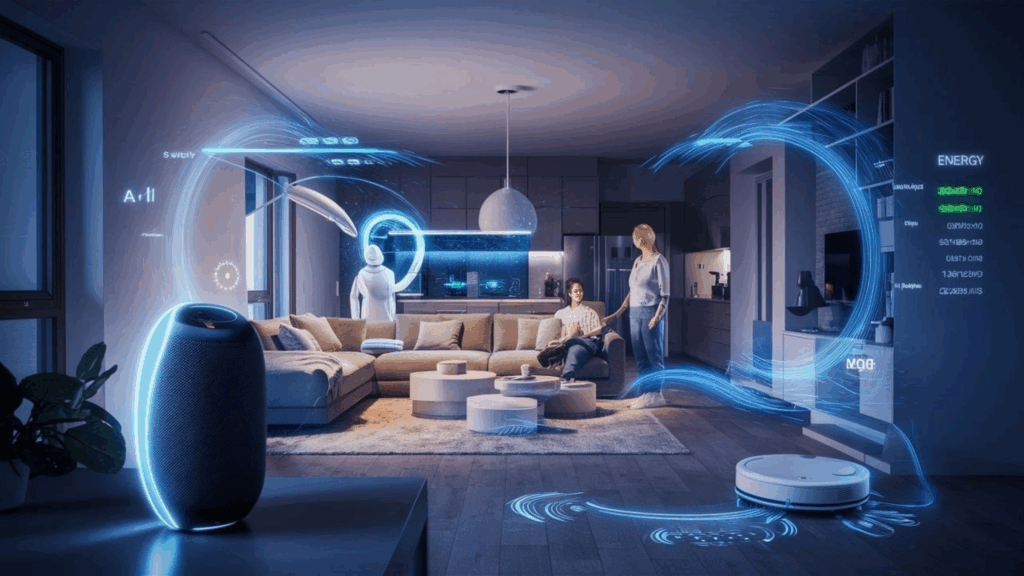 A futuristic smart home living room at night, with a couple interacting with AI-powered devices, including a glowing smart speaker, a robot vacuum, a humanoid robot, and holographic interfaces displaying energy and control data.